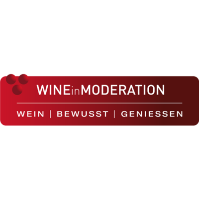 Logo „WINEinMODERATION“ mit Slogan Wein – bewusst genießen auf rotem Hintergrund.